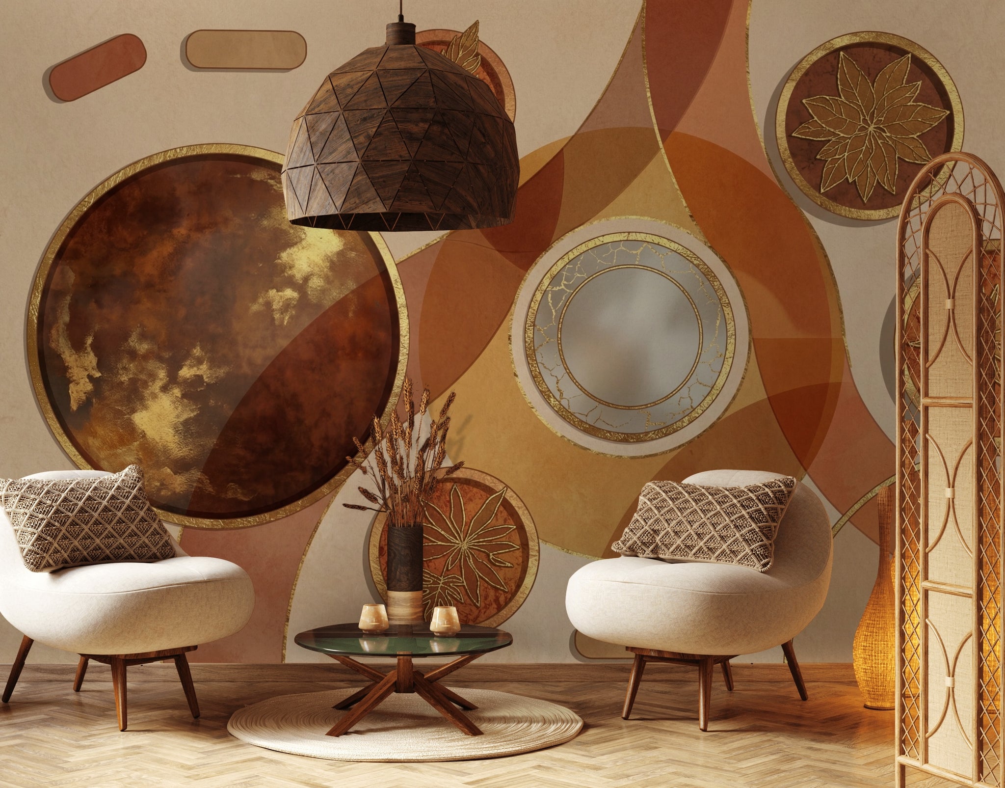 Soyut Geometrik Poster Duvar Kağıdı Kahverengi Bej Salon