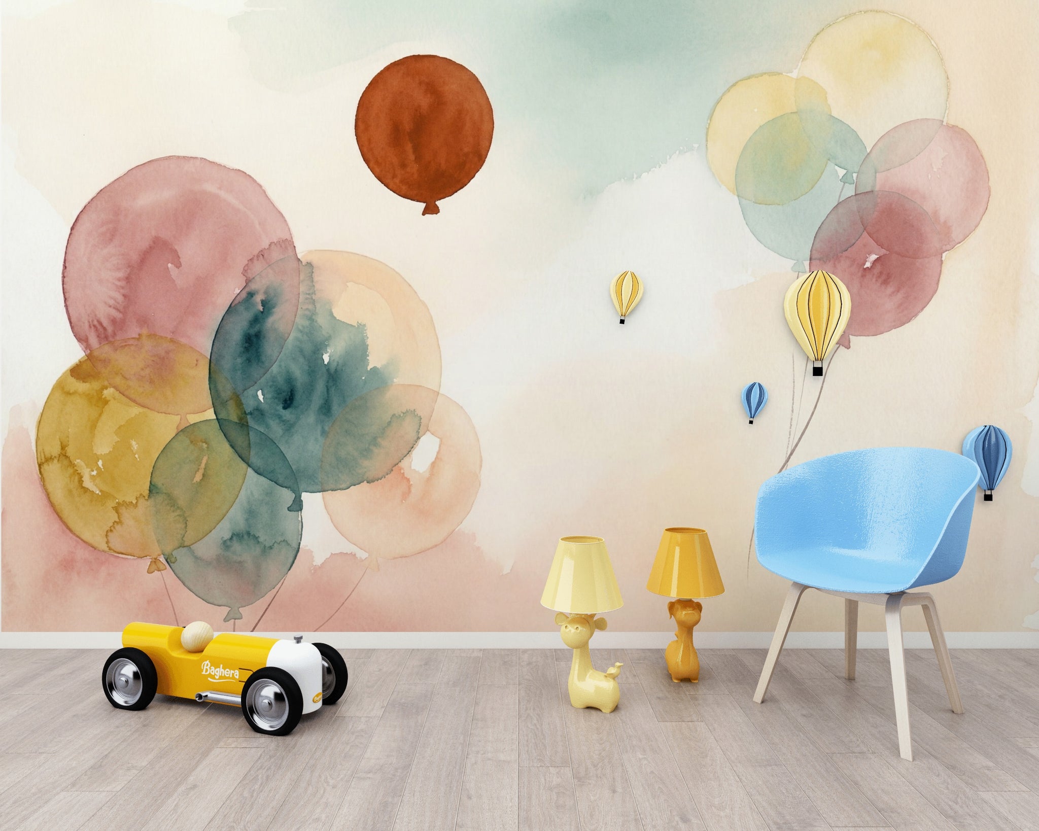 Sulu Boya Balonlu Poster Duvar Kağıdı Pastel Bebek Odası