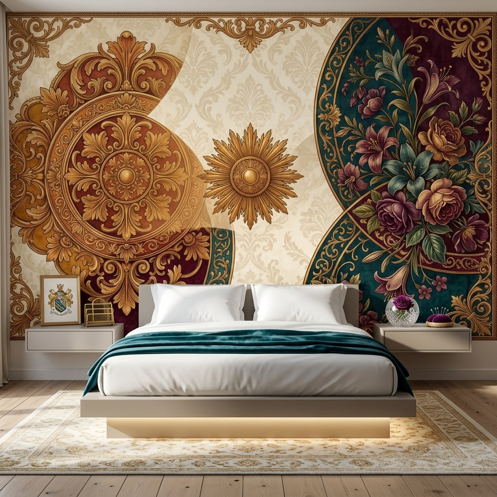 Osmanlı Motifli Poster Duvar Kağıdı Altın Bordo Çiçek Desenli