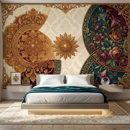 Osmanlı Motifli Poster Duvar Kağıdı Altın Bordo Çiçek Desenli