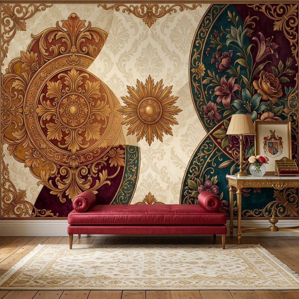 Osmanlı Motifli Poster Duvar Kağıdı Altın Bordo Çiçek Desenli