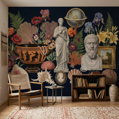 Antik Kolaj Poster Duvar Kağıdı Lacivert Fon Salon Duvarı