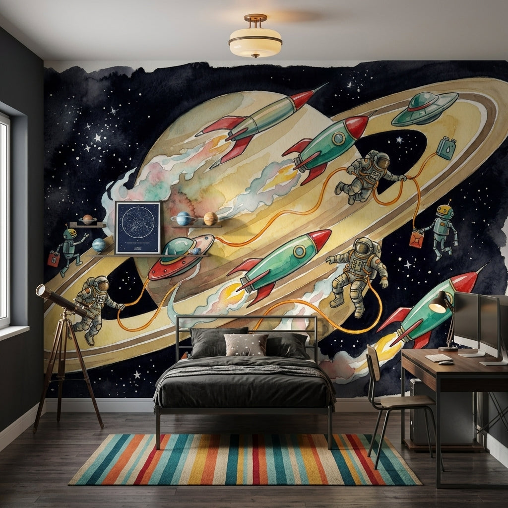 Astronot ve Roketli Uzay Poster Duvar Kağıdı Çocuk Odası