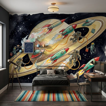 Astronot ve Roketli Uzay Poster Duvar Kağıdı Çocuk Odası