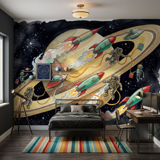 Astronot ve Roketli Uzay Poster Duvar Kağıdı Çocuk Odası