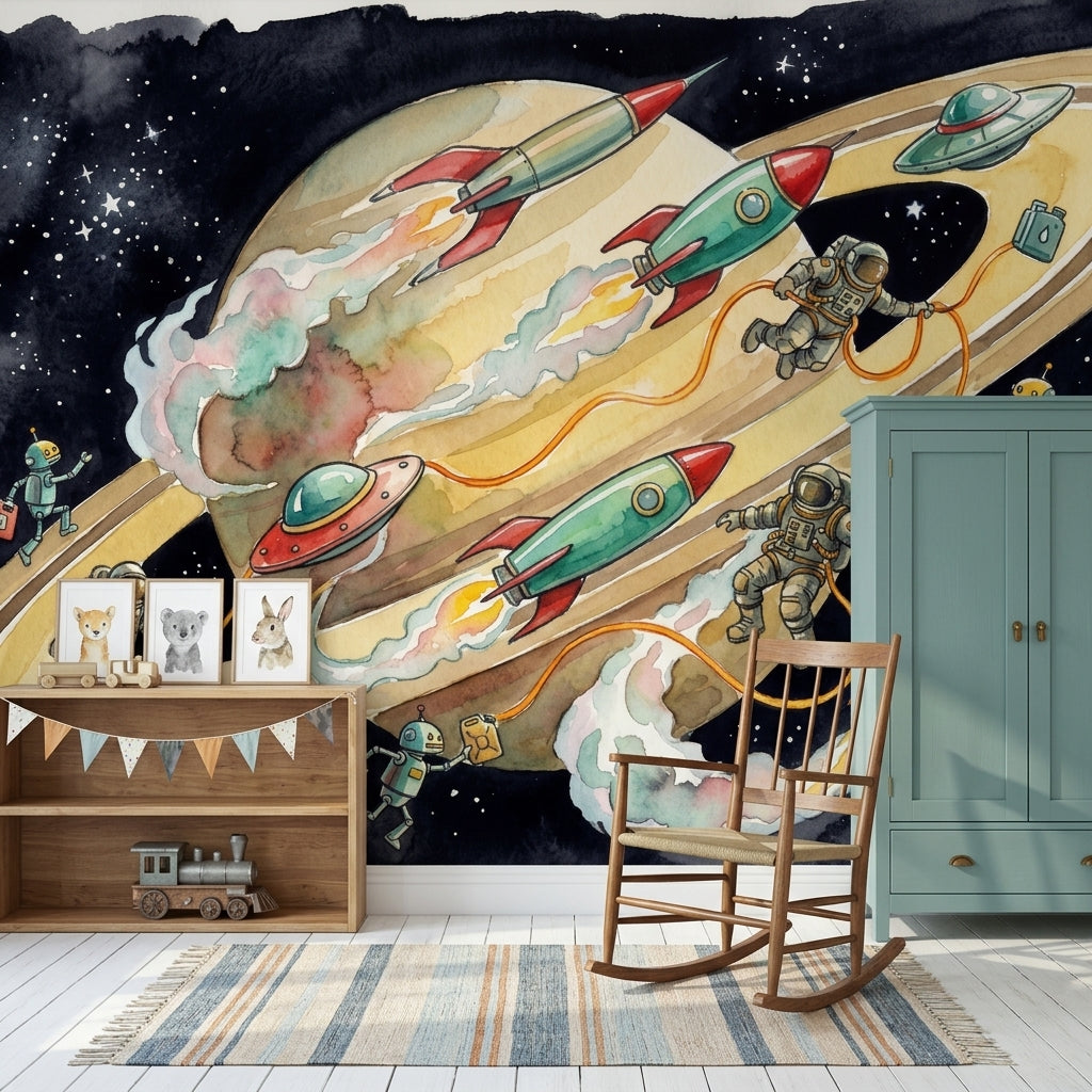 Astronot ve Roketli Uzay Poster Duvar Kağıdı Çocuk Odası