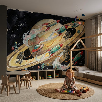 Astronot ve Roketli Uzay Poster Duvar Kağıdı Çocuk Odası