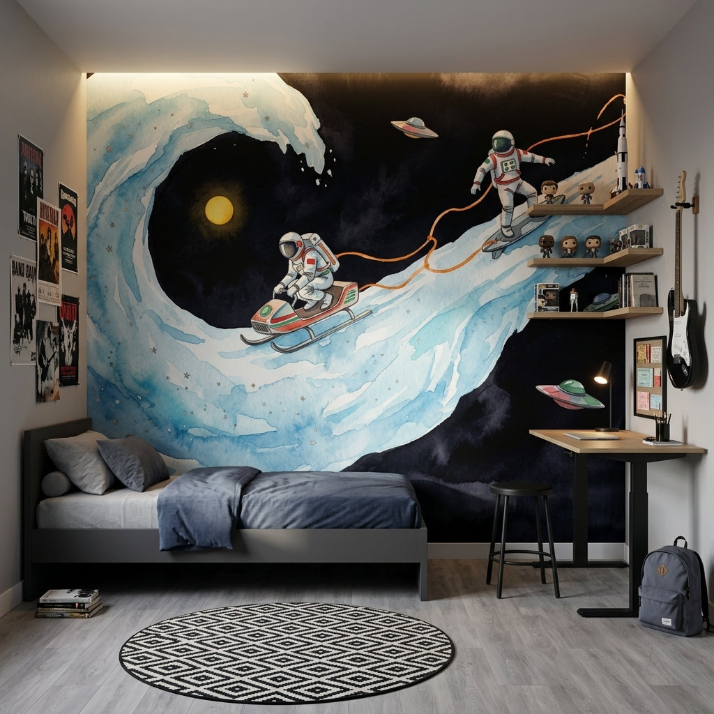 Astronotlu Uzay Temalı Poster Duvar Kağıdı Lacivert Genç Odası
