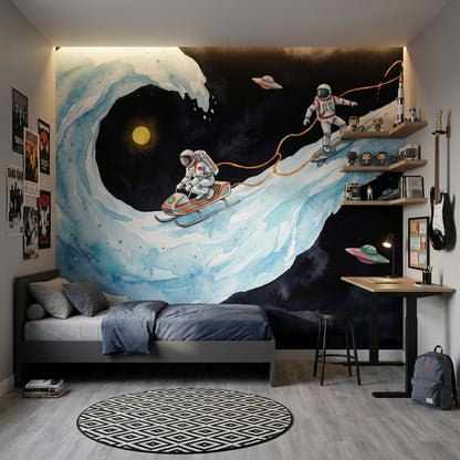 Astronotlu Uzay Temalı Poster Duvar Kağıdı Lacivert Genç Odası