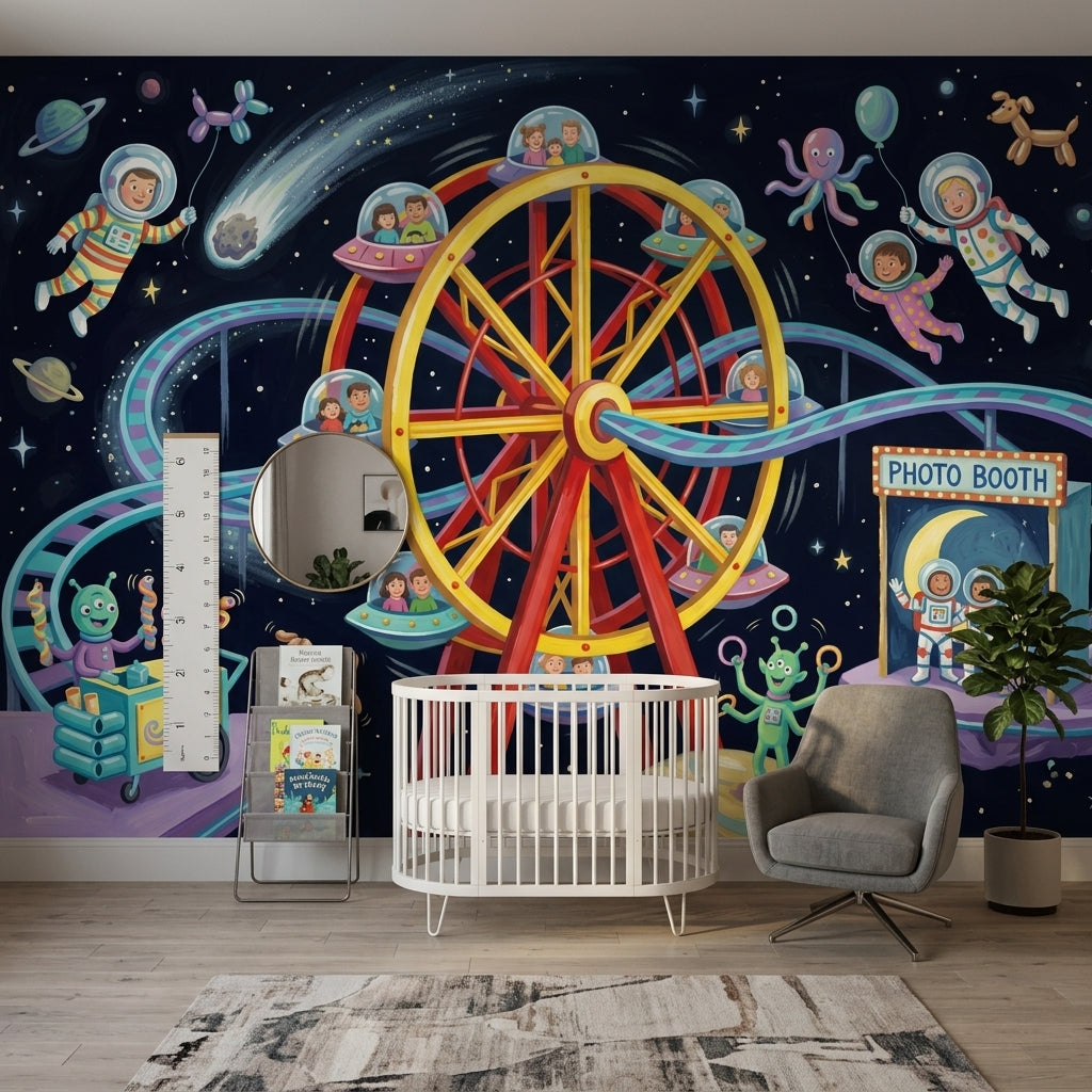 Uzay Temalı Lunapark Poster Duvar Kağıdı Çocuk Odası Lacivert