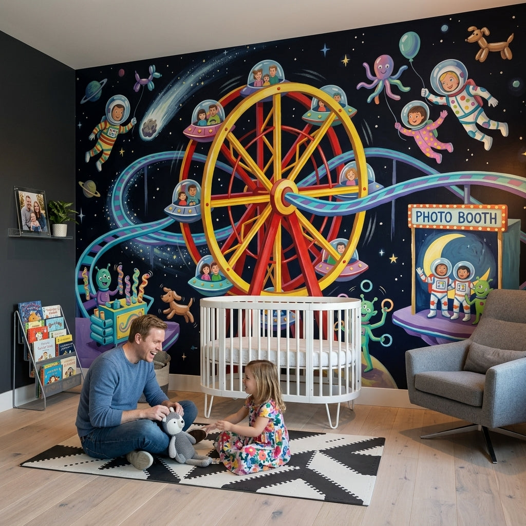 Uzay Temalı Lunapark Poster Duvar Kağıdı Çocuk Odası Lacivert