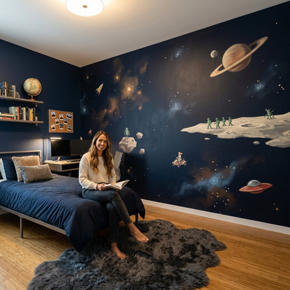 Uzay ve Astronotlu Poster Duvar Kağıdı Çocuk Odası Lacivert