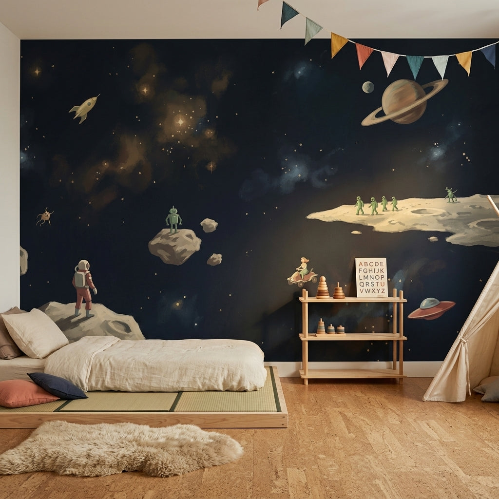 Uzay ve Astronotlu Poster Duvar Kağıdı Çocuk Odası Lacivert