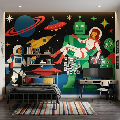 Uzay Robotlu Poster Duvar Kağıdı Renkli Retro Çocuk Odası