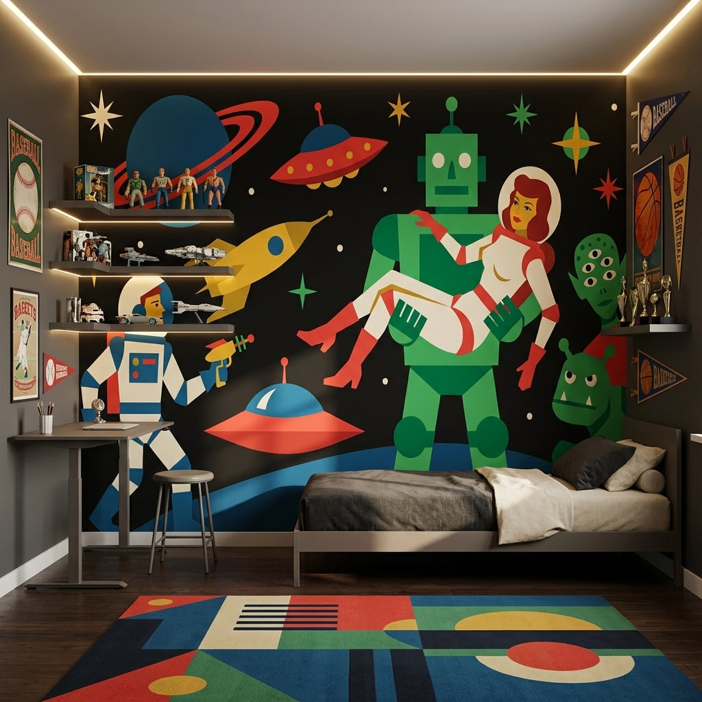 Uzay Robotlu Poster Duvar Kağıdı Renkli Retro Çocuk Odası