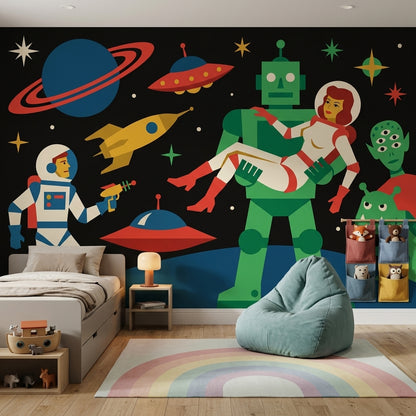 Uzay Robotlu Poster Duvar Kağıdı Renkli Retro Çocuk Odası