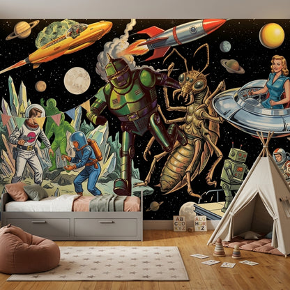 Retro Uzay ve Robot Poster Duvar Kağıdı Çocuk Odası