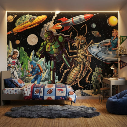 Retro Uzay ve Robot Poster Duvar Kağıdı Çocuk Odası
