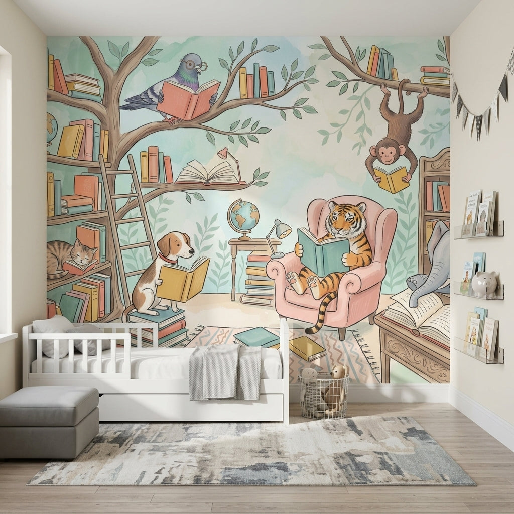 Kitap Okuyan Hayvanlar Poster Duvar Kağıdı Pastel Çocuk Odası