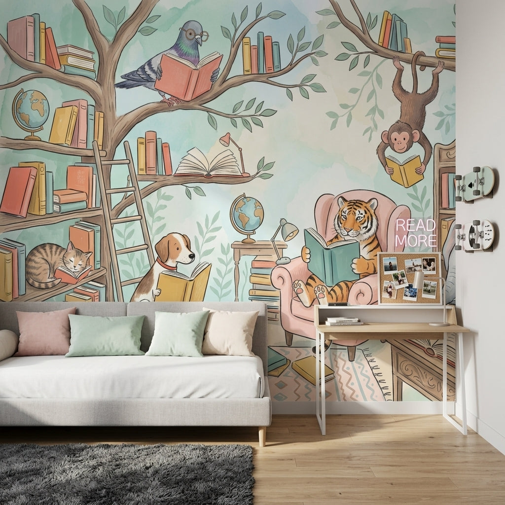 Kitap Okuyan Hayvanlar Poster Duvar Kağıdı Pastel Çocuk Odası