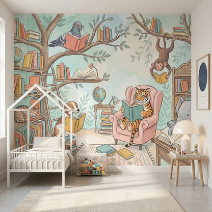 Kitap Okuyan Hayvanlar Poster Duvar Kağıdı Pastel Çocuk Odası