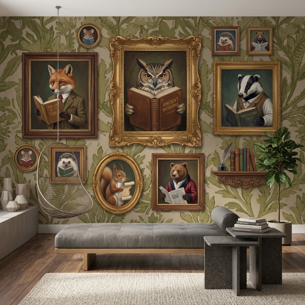 Hayvan Portreli Poster Duvar Kağıdı Klasik Çerçeveli Yeşil Salon