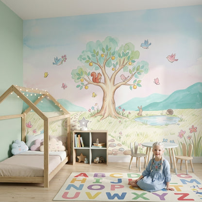 Sevimli Hayvanlı Ağaç Poster Duvar Kağıdı Pastel Çocuk Odası