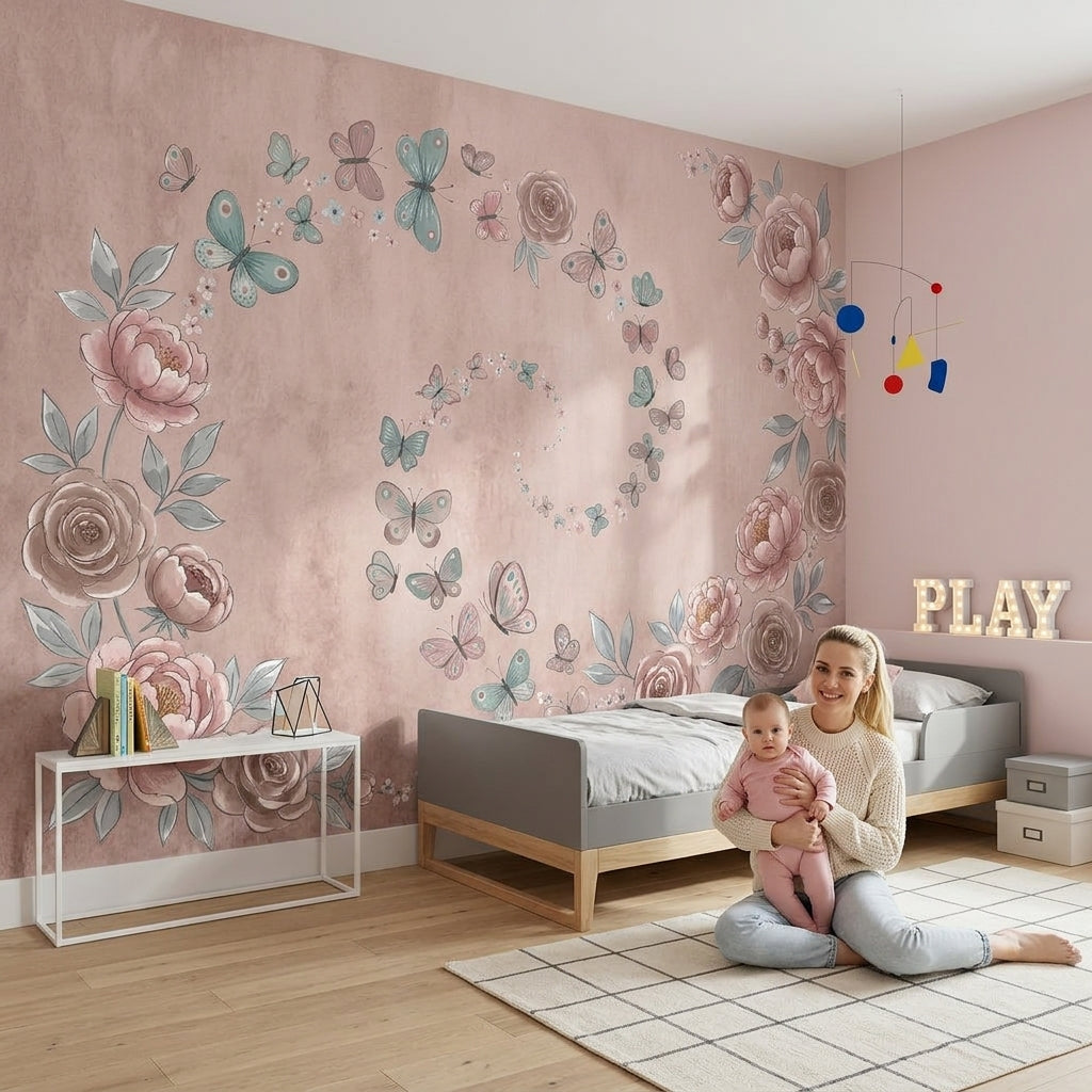 Pudra Pembe Güllü Kelebekli Poster Duvar Kağıdı Yatak Odası