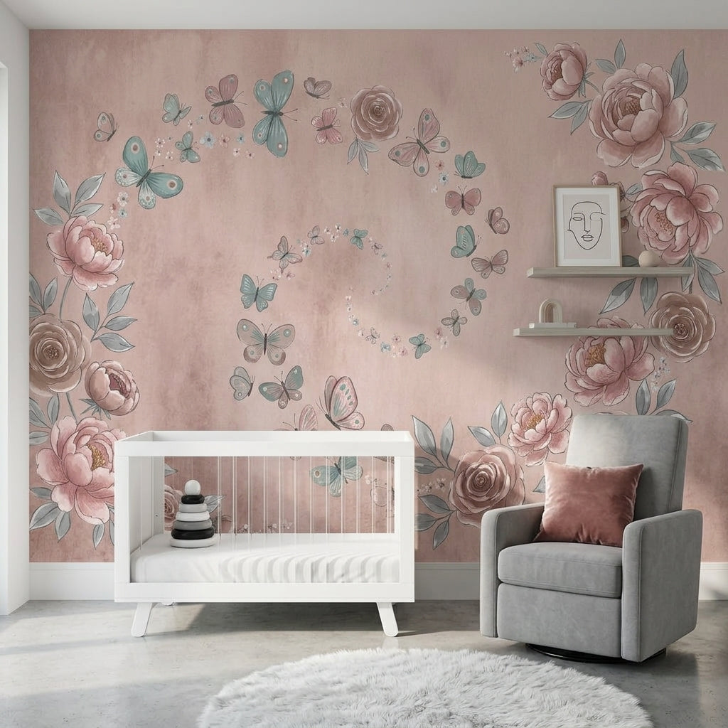 Pudra Pembe Güllü Kelebekli Poster Duvar Kağıdı Yatak Odası