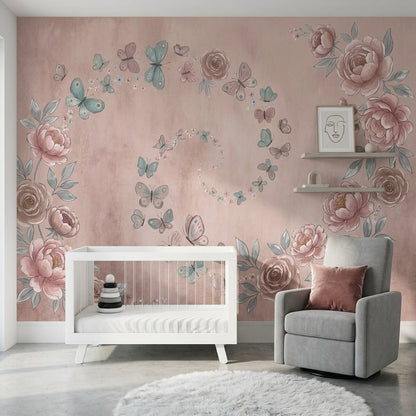 Pudra Pembe Güllü Kelebekli Poster Duvar Kağıdı Yatak Odası