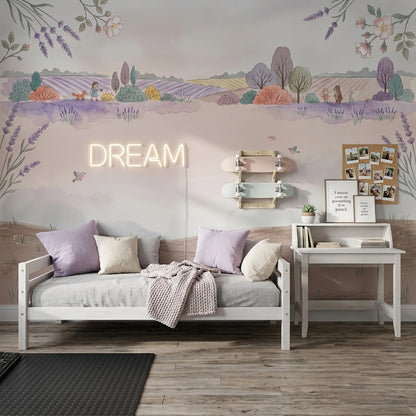 Pastel Kır Manzaralı Poster Duvar Kağıdı Lavanta Detaylı Çocuk Odası