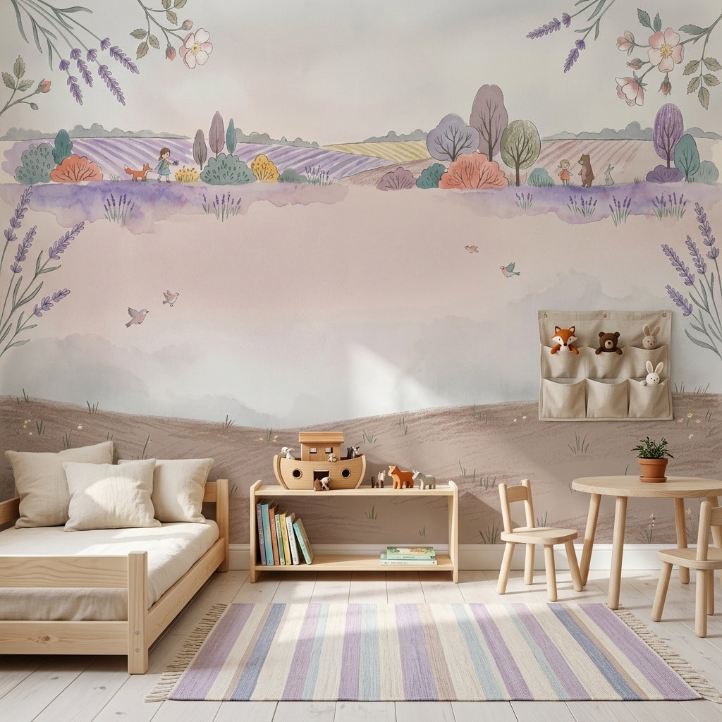 Pastel Kır Manzaralı Poster Duvar Kağıdı Lavanta Detaylı Çocuk Odası
