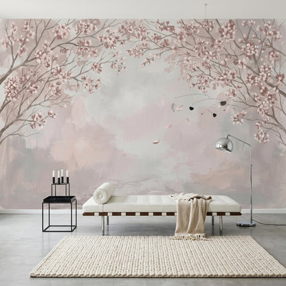 Kiraz Çiçekli Poster Duvar Kağıdı Pudra Pembe Salon Duvarı