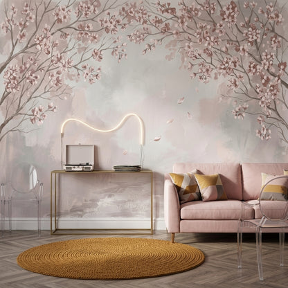 Kiraz Çiçekli Poster Duvar Kağıdı Pudra Pembe Salon Duvarı