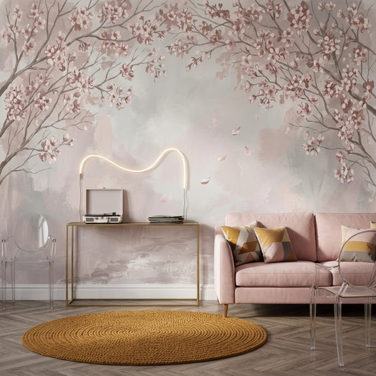 Kiraz Çiçekli Poster Duvar Kağıdı Pudra Pembe Salon Duvarı