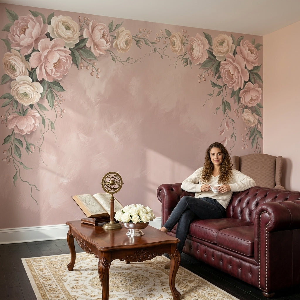 Pudra Pembe Gül Çerçeveli Poster Duvar Kağıdı Salon