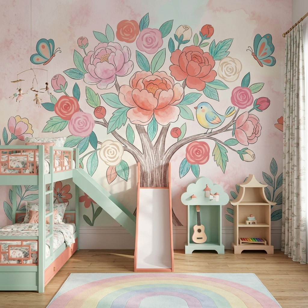 Çiçekli Ağaç Poster Duvar Kağıdı Pastel Çocuk Odası