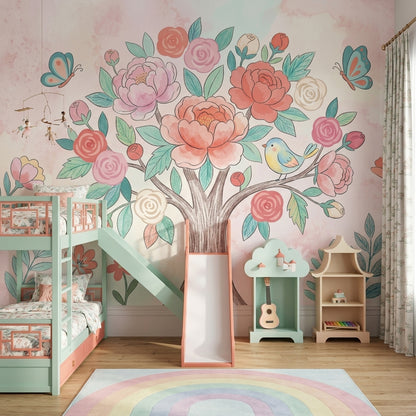 Çiçekli Ağaç Poster Duvar Kağıdı Pastel Çocuk Odası