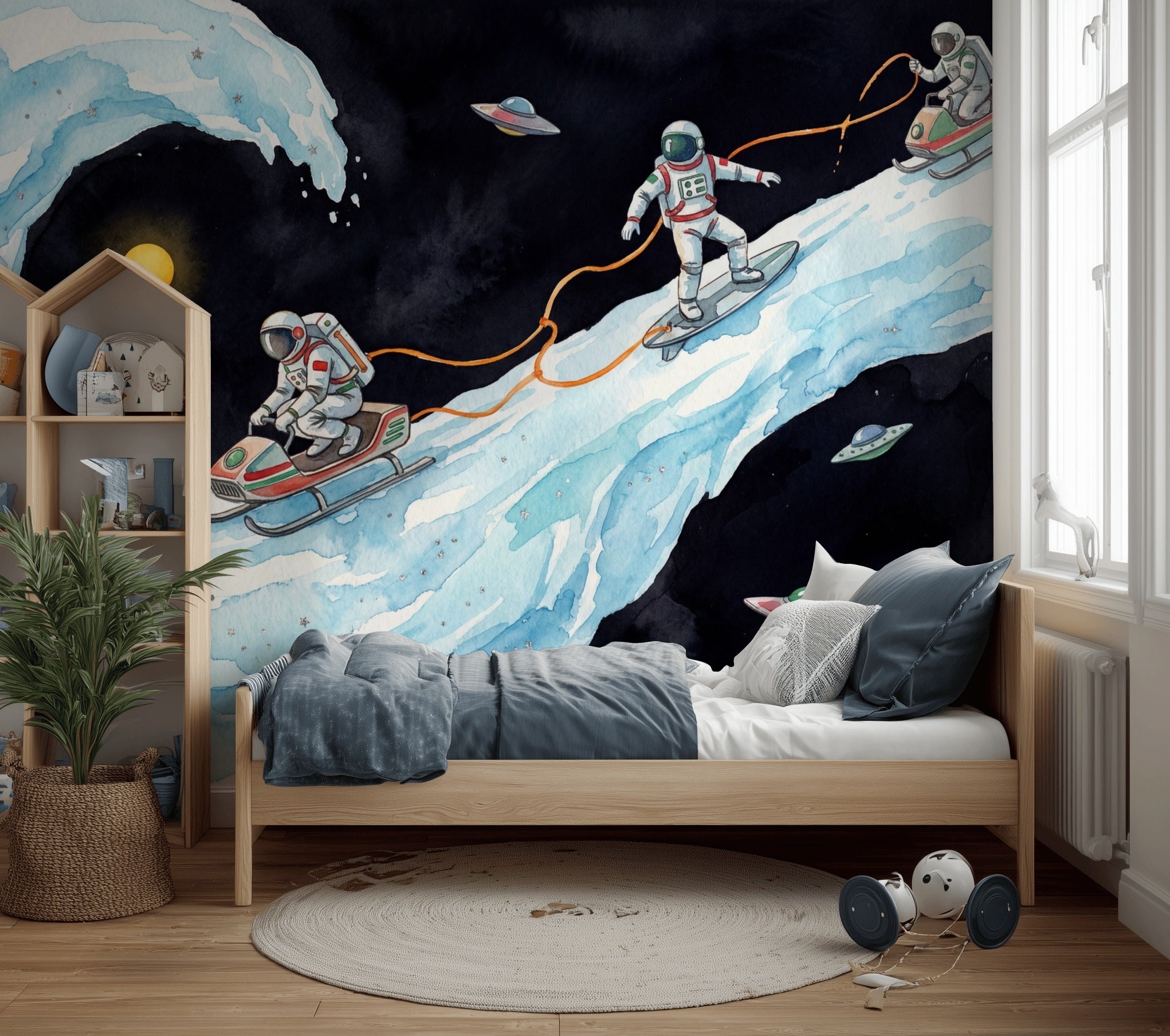 Astronotlu Uzay Temalı Poster Duvar Kağıdı Lacivert Genç Odası