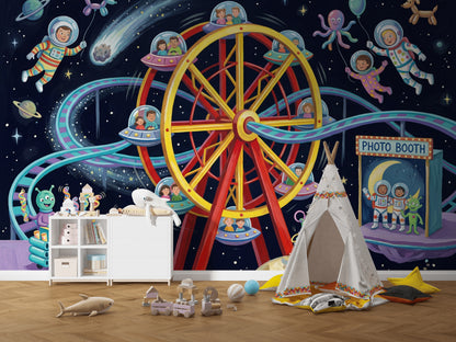 Uzay Temalı Lunapark Poster Duvar Kağıdı Çocuk Odası Lacivert