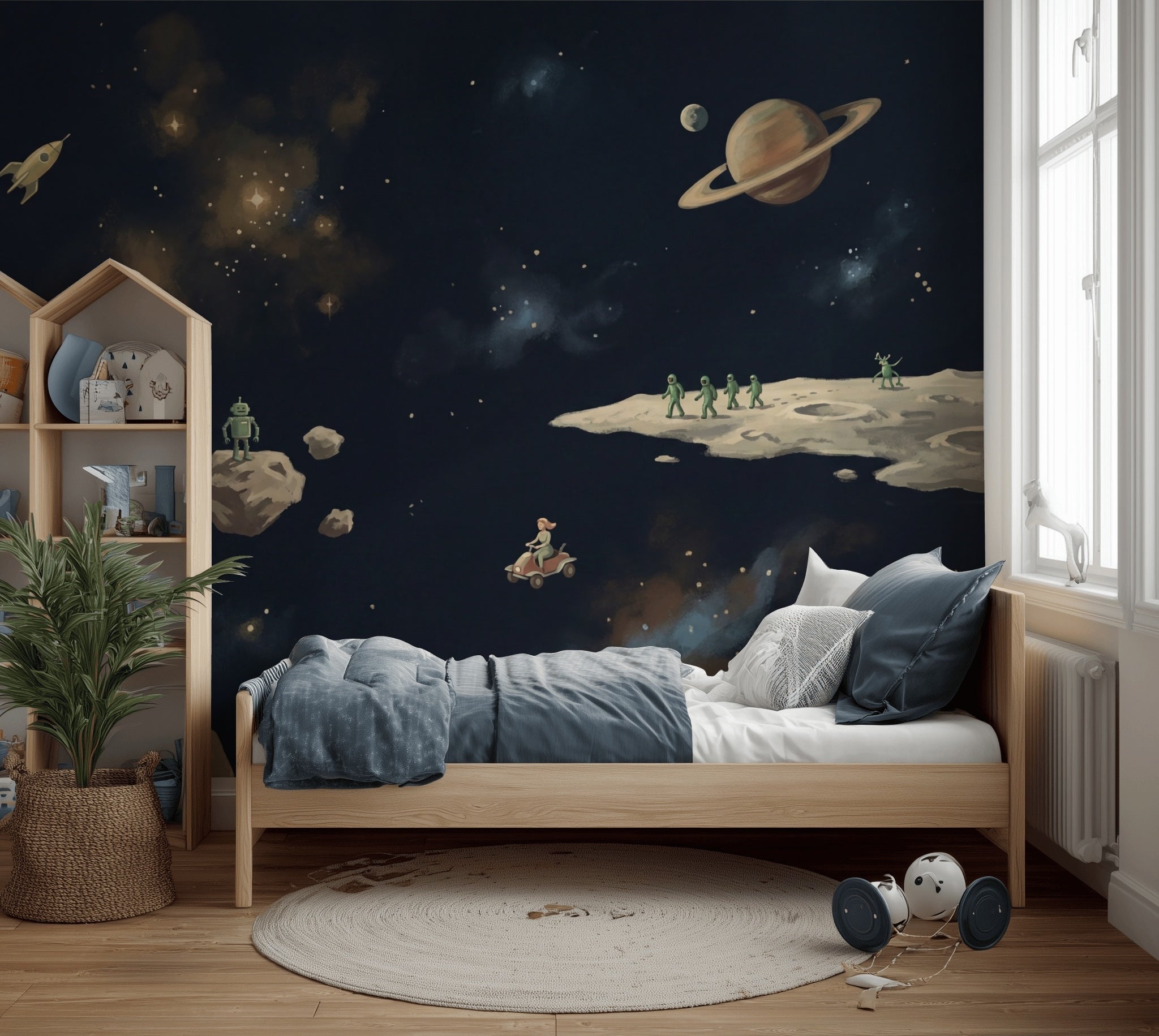 Uzay ve Astronotlu Poster Duvar Kağıdı Çocuk Odası Lacivert