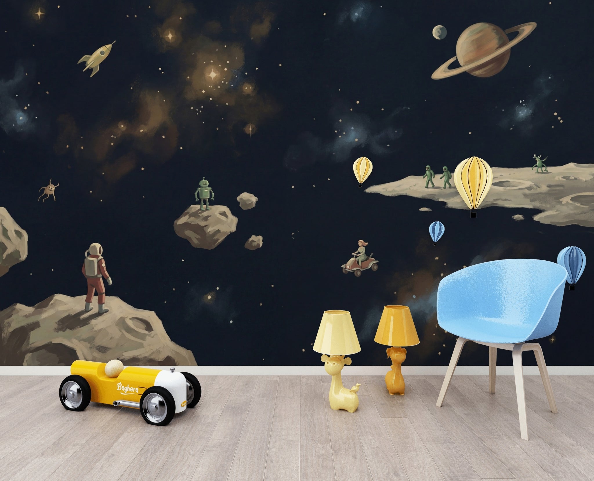 Uzay ve Astronotlu Poster Duvar Kağıdı Çocuk Odası Lacivert