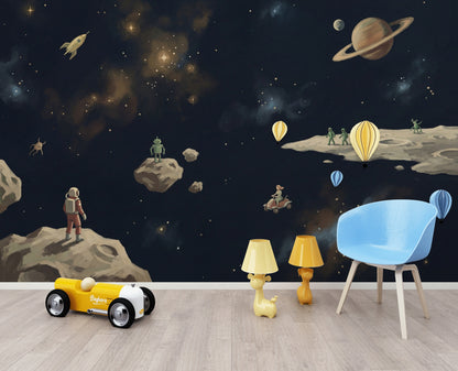 Uzay ve Astronotlu Poster Duvar Kağıdı Çocuk Odası Lacivert