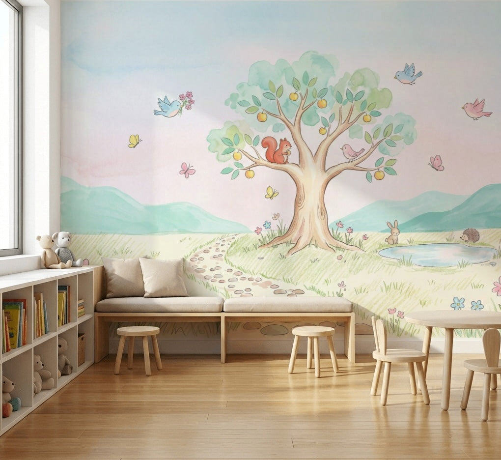 Sevimli Hayvanlı Ağaç Poster Duvar Kağıdı Pastel Çocuk Odası