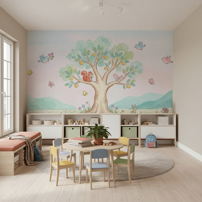 Sevimli Hayvanlı Ağaç Poster Duvar Kağıdı Pastel Çocuk Odası