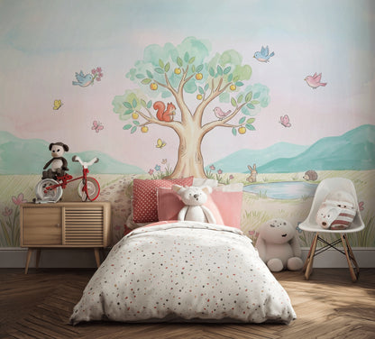 Sevimli Hayvanlı Ağaç Poster Duvar Kağıdı Pastel Çocuk Odası