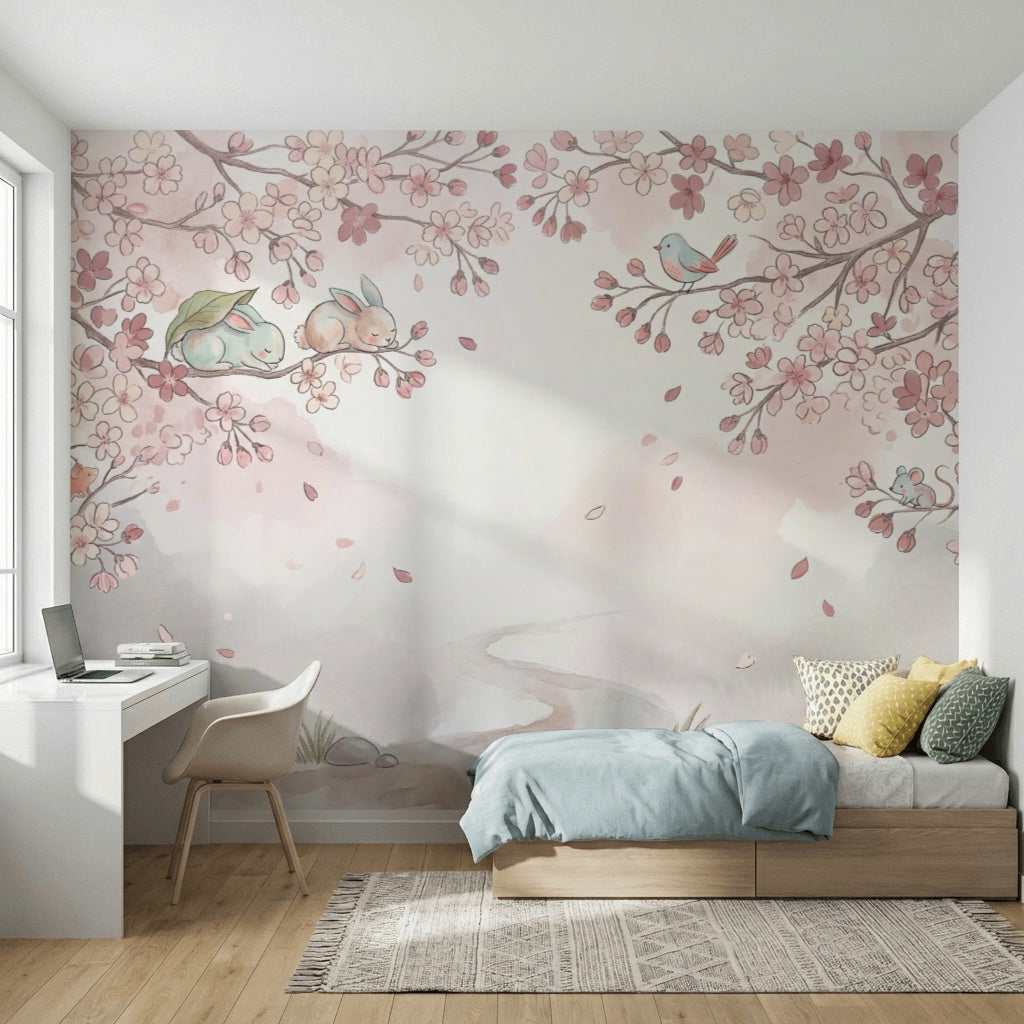 Çiçek Dallı Tavşanlı Poster Duvar Kağıdı Pastel Çocuk Odası