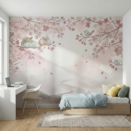 Çiçek Dallı Tavşanlı Poster Duvar Kağıdı Pastel Çocuk Odası