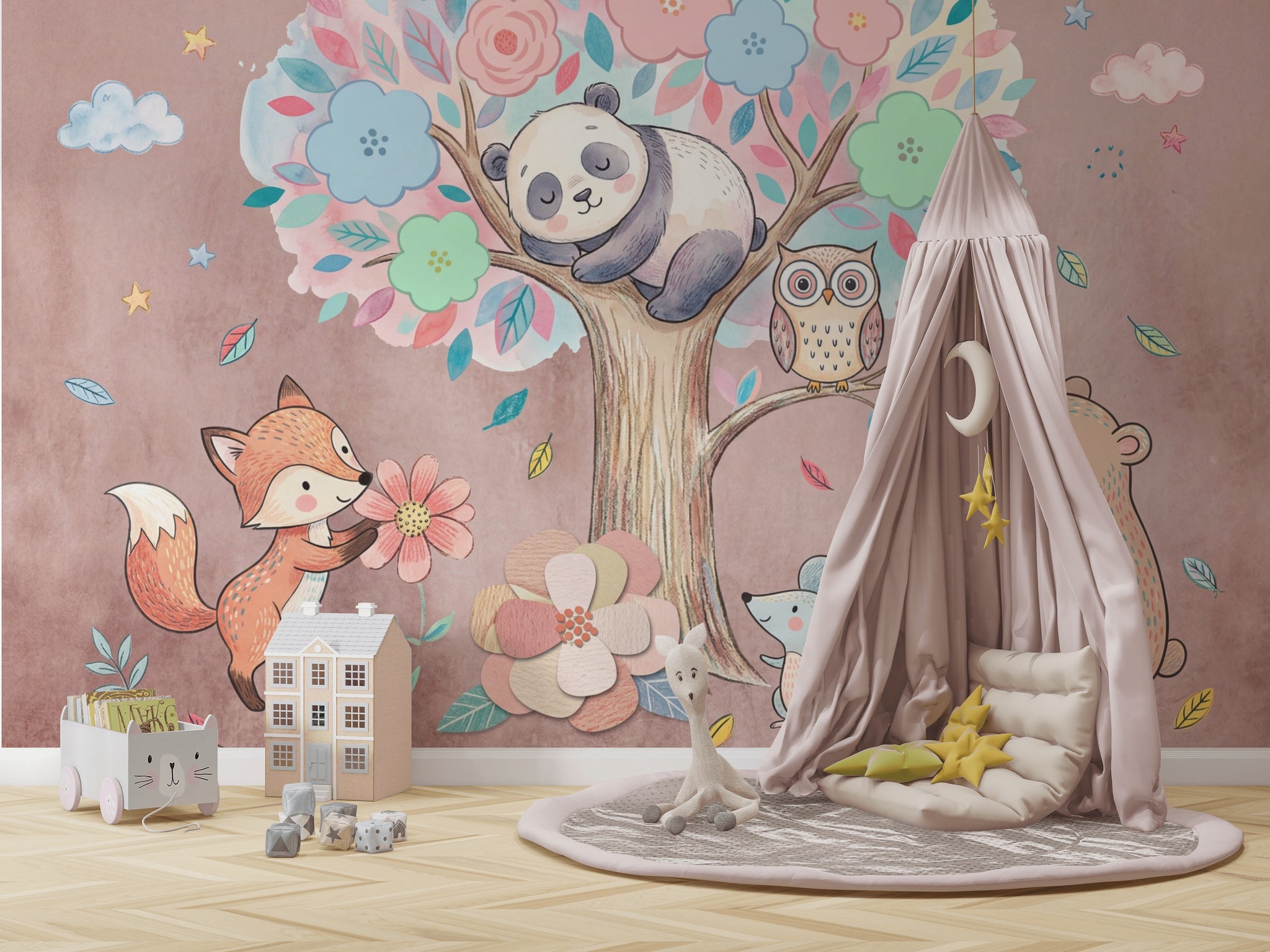 Sevimli Orman Hayvanları Poster Duvar Kağıdı Pastel Çocuk Odası