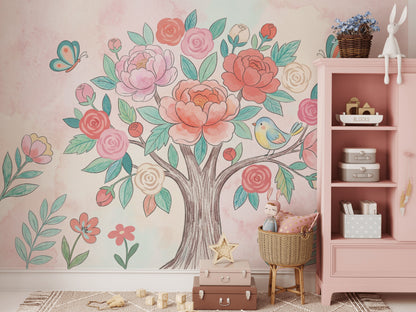 Çiçekli Ağaç Poster Duvar Kağıdı Pastel Çocuk Odası